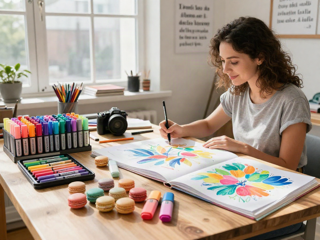 Highlighter manufacturer showcasing colorful highlighters in a bright art studio.