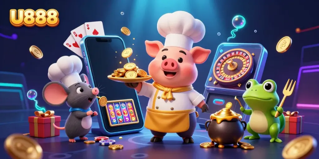 U888 offers a vibrant 3D casino scene with characters and dynamic gaming elements, showcasing entertainment opportunities