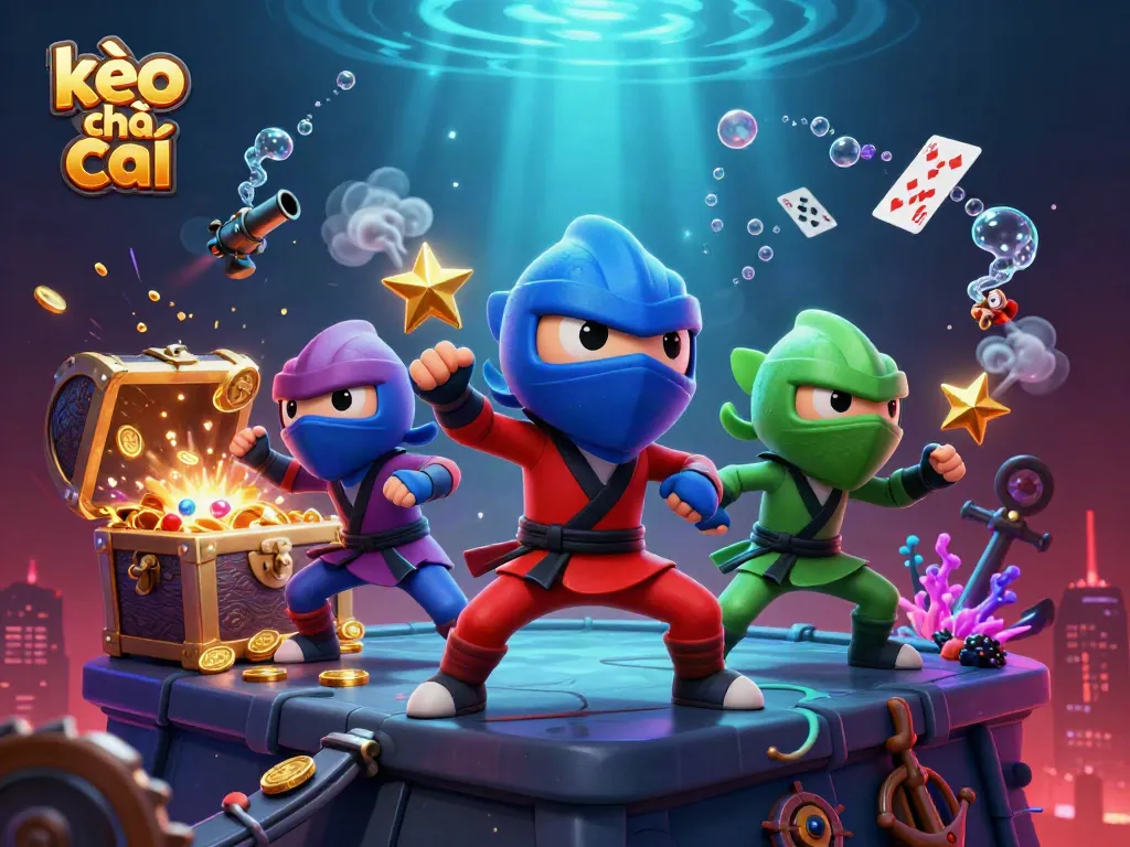 Watch the kèo nhà cái ninja chameleon team in colorful outfits perform stunning martial arts poses on a vibrant casino rooftop backdrop.