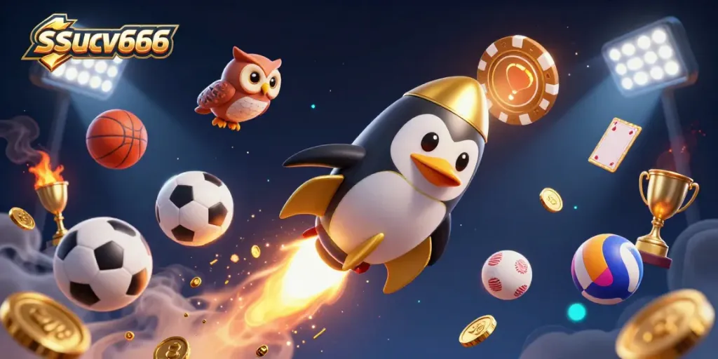Experience thrilling wins with ssucv666, featuring a golden penguin racing to a casino space station amidst dynamic sports elements.