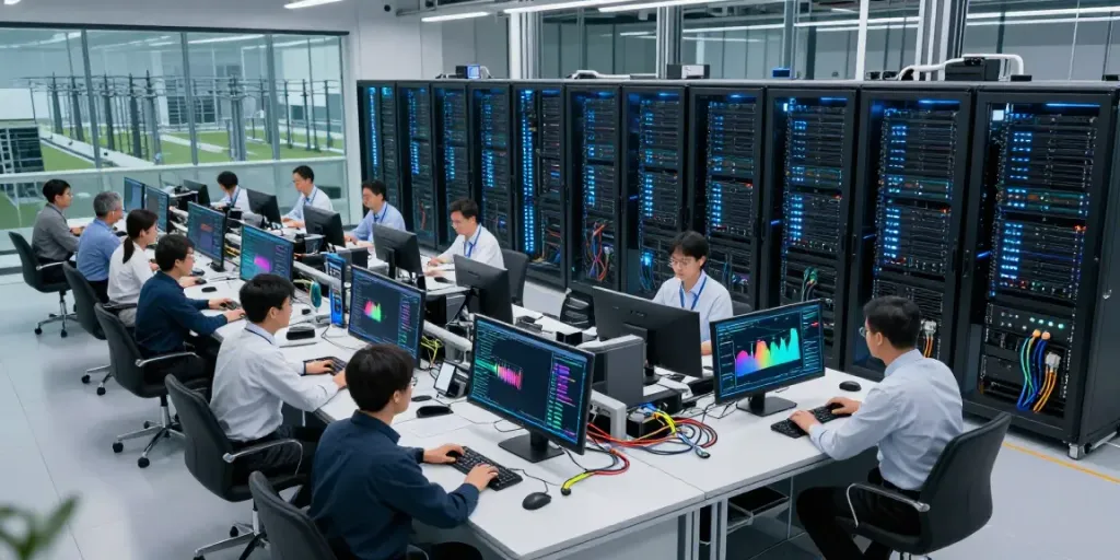 AI data center featuring GPU racks, engineers collaborating, and performance metrics displayed.