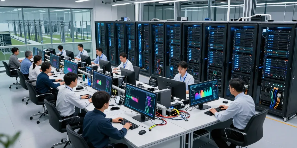 AI data center featuring GPU racks, engineers collaborating, and performance metrics displayed.
