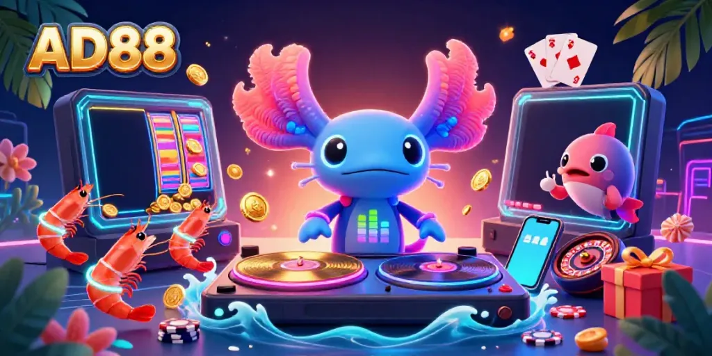 Experience the vibrant world of AD88 casino gaming with an energetic underwater scene featuring a neon axolotl DJ and interactive gambling elements.