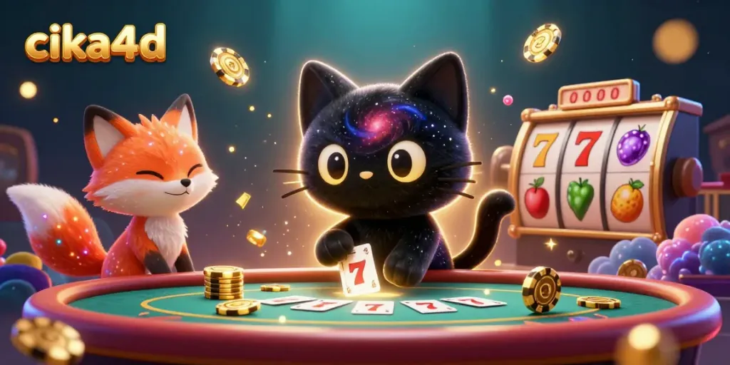 Experience the thrilling game play of cika4d as the cosmic cat pulls in golden winnings from a slot machine.