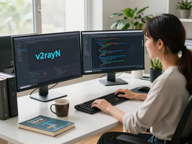 Software developer configuring v2rayN on dual monitors in a bright workspace.