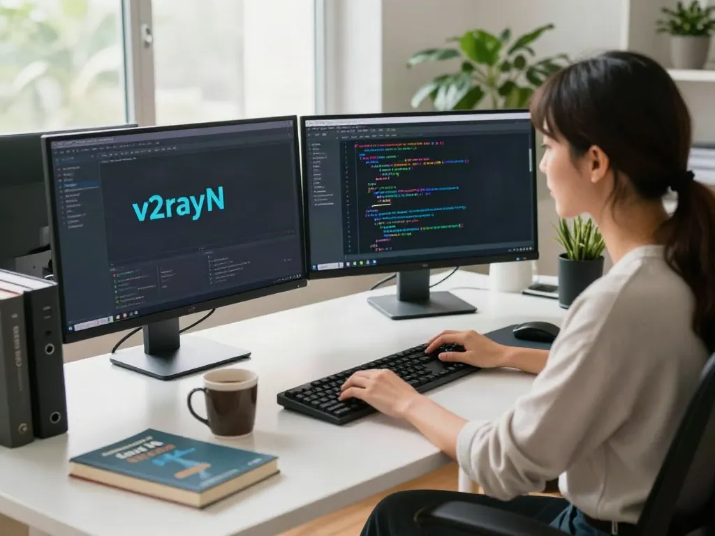 Software developer configuring v2rayN on dual monitors in a bright workspace.
