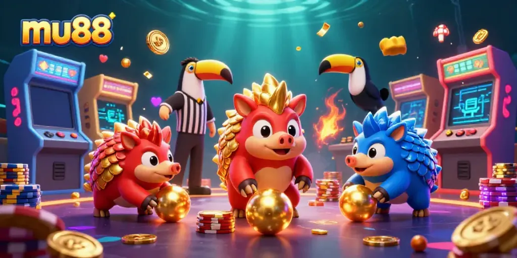 Experience the thrills of mu88 with rival pangolins battling over poker chips in a vibrant casino scene.