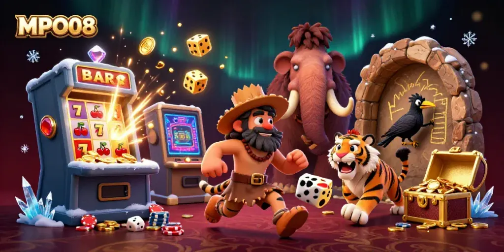 MPO08 presents a vibrant prehistoric casino scene with a caveman and sabertooth tiger, creating a lively gaming atmosphere.