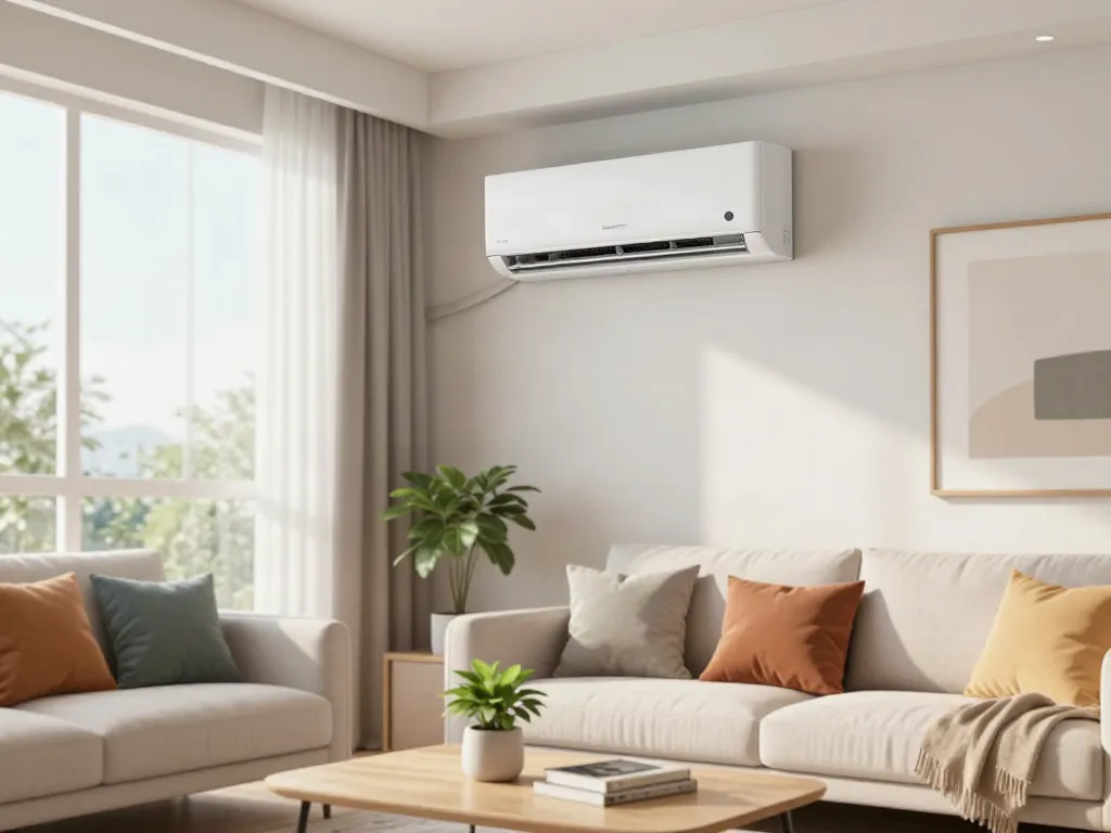 Stylish living room with a mini split AC unit efficiently cooling the space.
