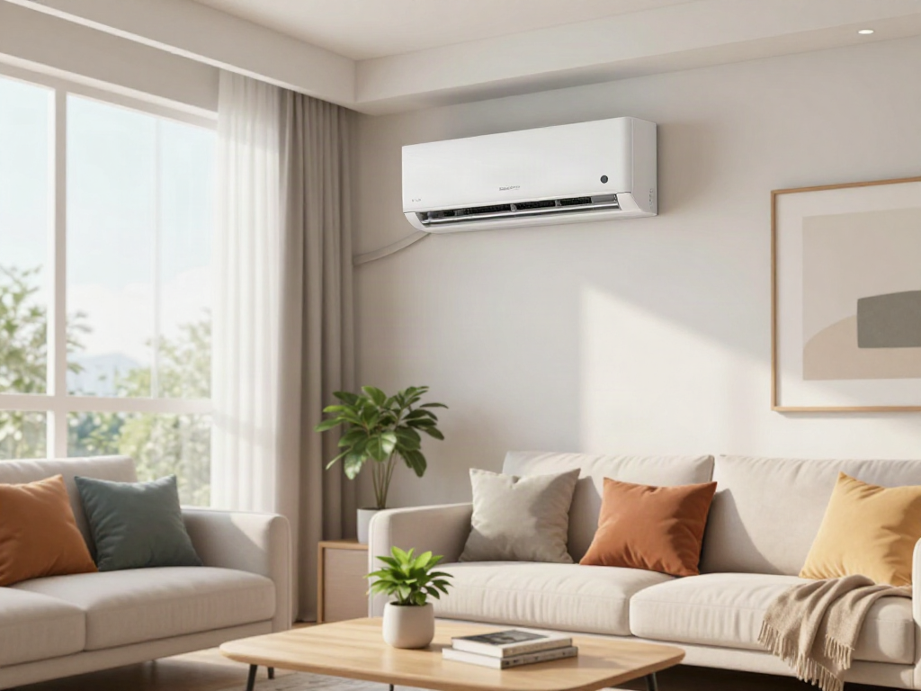 Stylish living room with a mini split AC unit efficiently cooling the space.