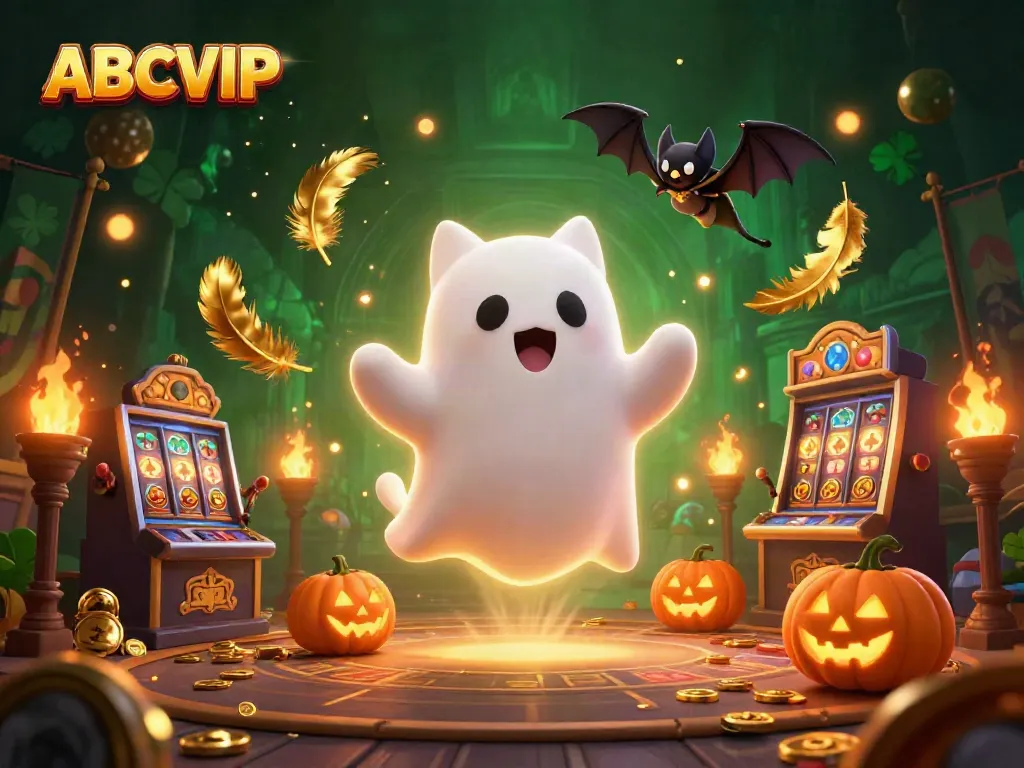 Engage in exciting gaming at ABCVIP with a whimsical illustration of a floating ghost cat in a haunted casino.