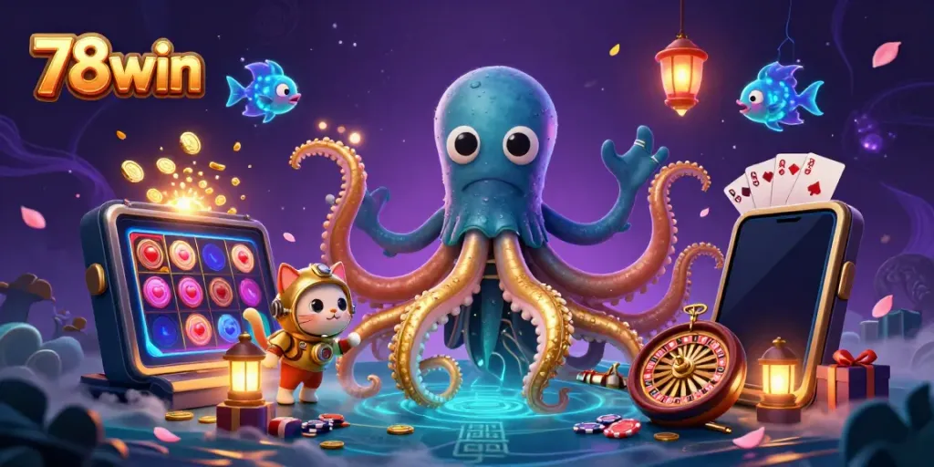 Engage in thrilling 78win gameplay surrounded by a colossal kraken, diving cat, and vibrant casino elements.