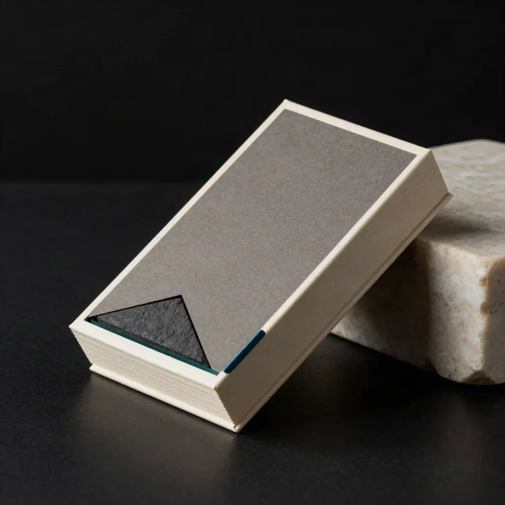 Charcoal growth sprint box in cream slipcase on stone with teal accent, in dramatic light.