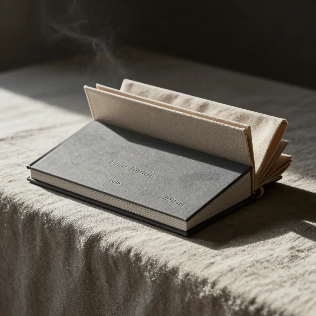Matte strategy pack with stone weight and cloth on a linen ledge in moody light