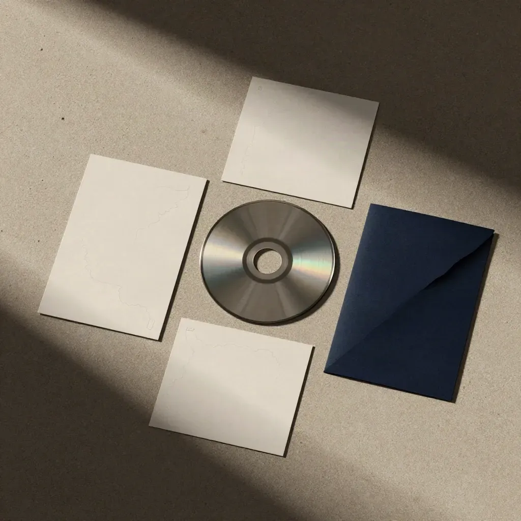 Overhead market entry map kit with pale cards, metal disc and navy sleeve on sand concrete.