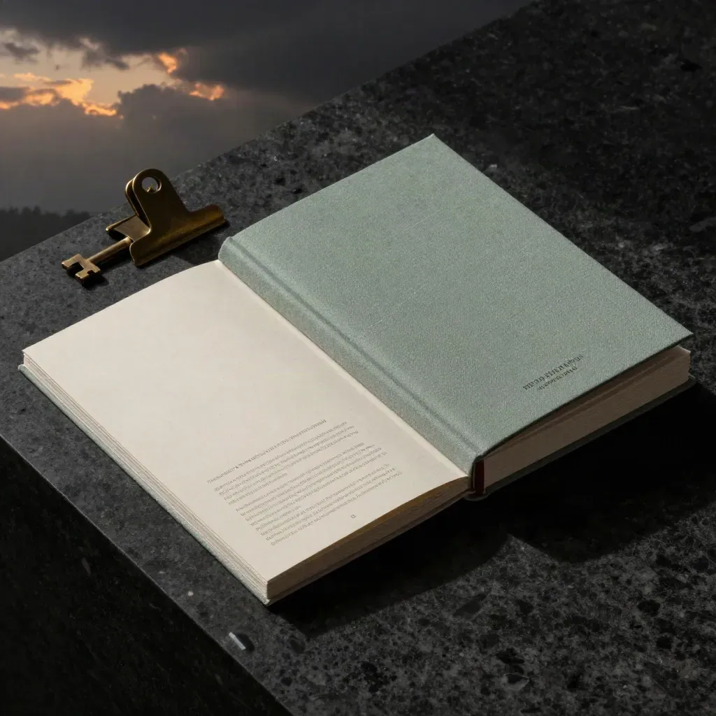 Luxury advisory folio pack on basalt plinth with brass clip, lit by moody storm light.