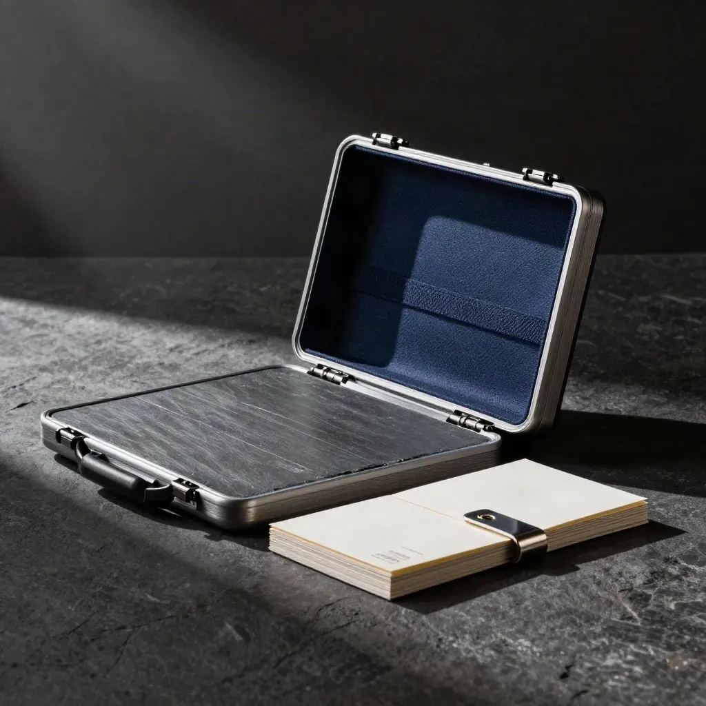 Slate audit case, workflow cards and steel clip on a dark surface, caught mid-open in dramatic light.