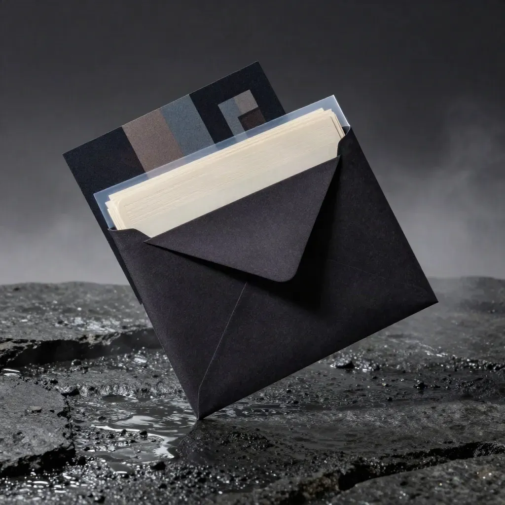 Risk scan bundle on wet basalt with dark envelope, insert cards, and sleeve in dramatic low light