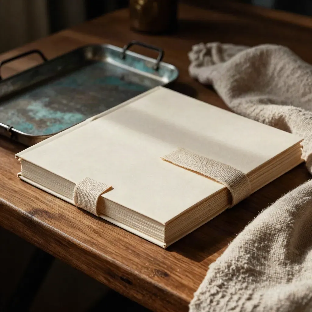 Cream portfolio, two slim booklets and linen ribbon beside a cast tray in soft studio light.