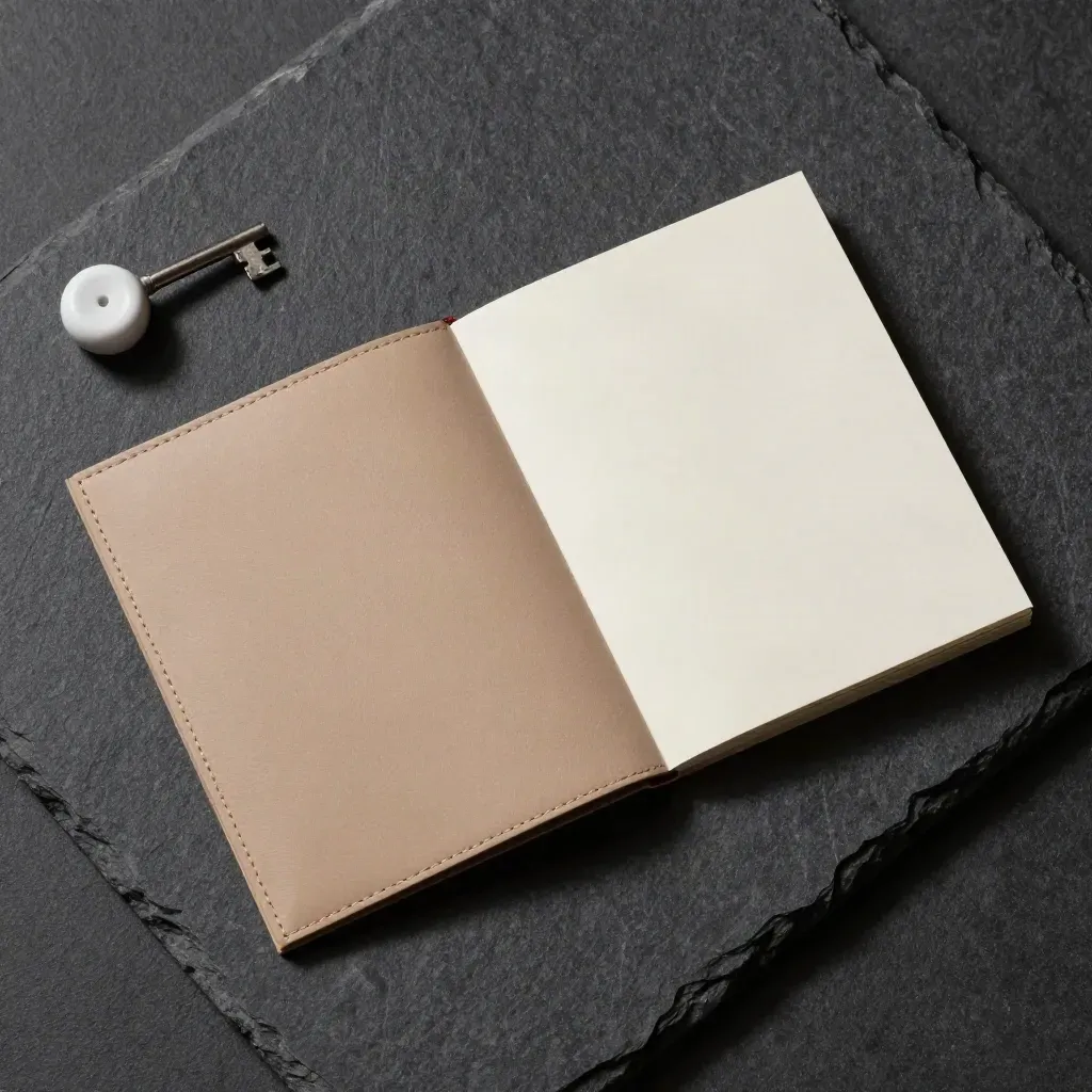 Top-down flat lay of a leather coaching folio, blank cards, and ceramic weight on dark stone.
