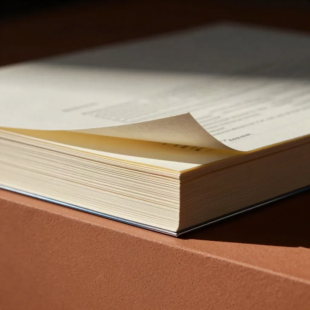 Macro of stacked growth plan cards with lifted corner and brushed metal edge in raking light