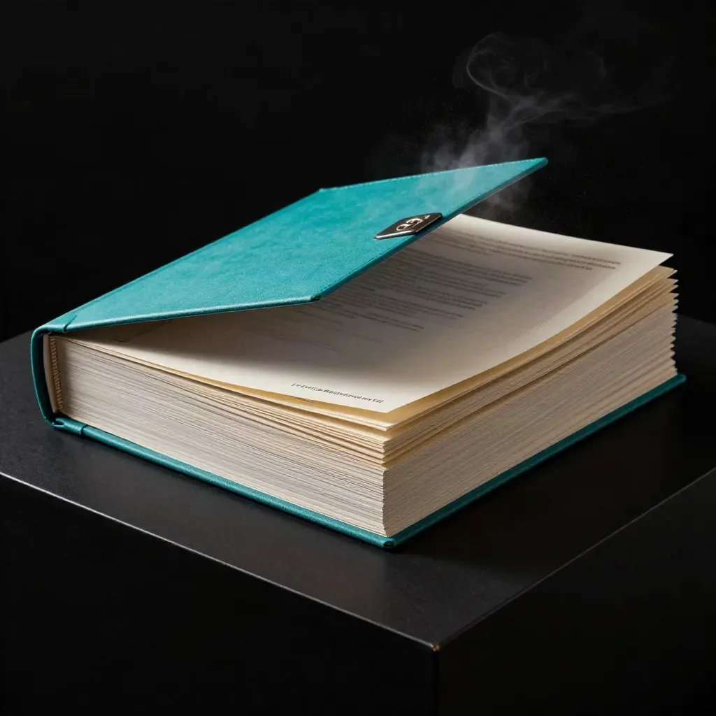Teal advisory audit package with cream inserts and a slate binder in dramatic studio light.