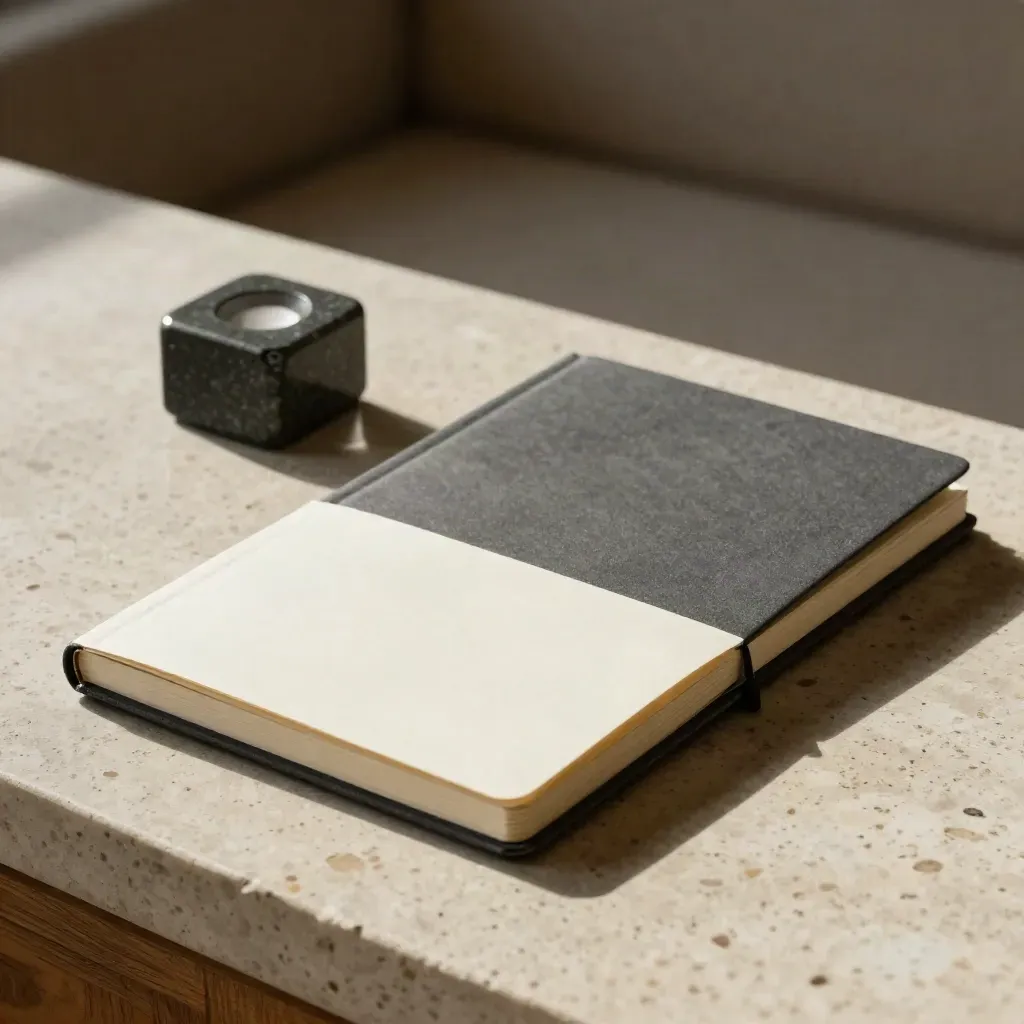 Closed consulting review folio on travertine with stone paperweight and cream card