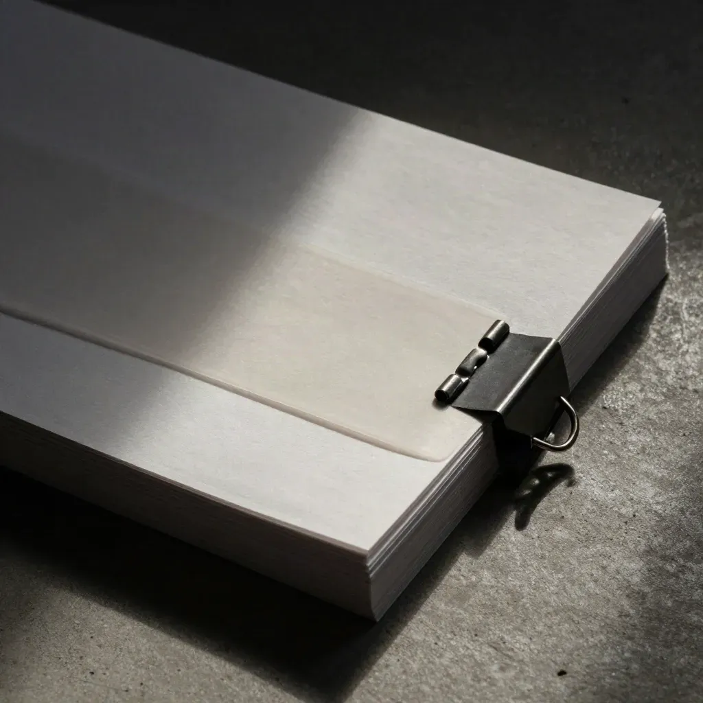 Overhead macro of stacked papers, translucent overlays, and a graphite clip on concrete.