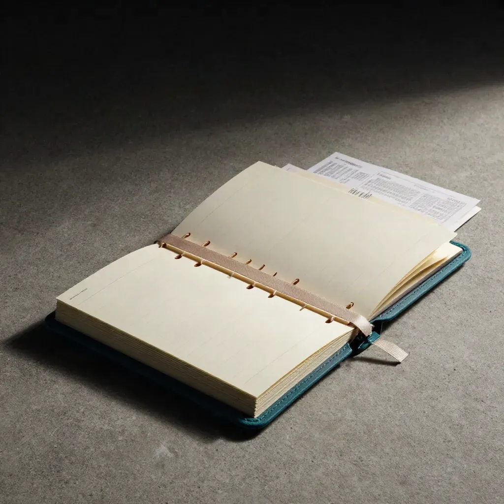 Open teal-edged launch plan case with cream inserts and ribbon on a moody dark surface.
