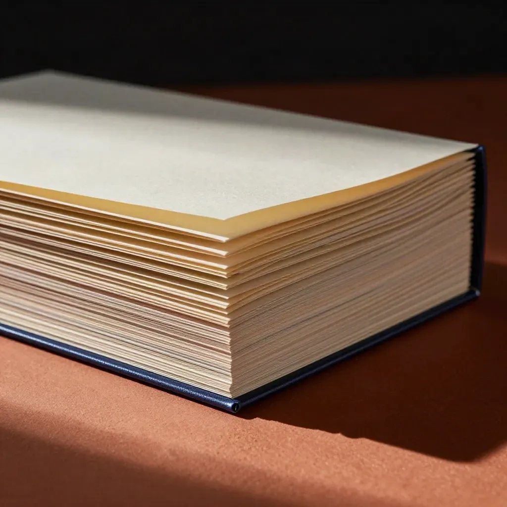 Macro of thick card folders, tab dividers, and a metallic spine on terracotta clay.