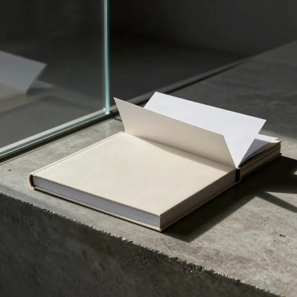 Pale board report portfolio, dark backing slab and folded sheets on a shadowed concrete plinth.
