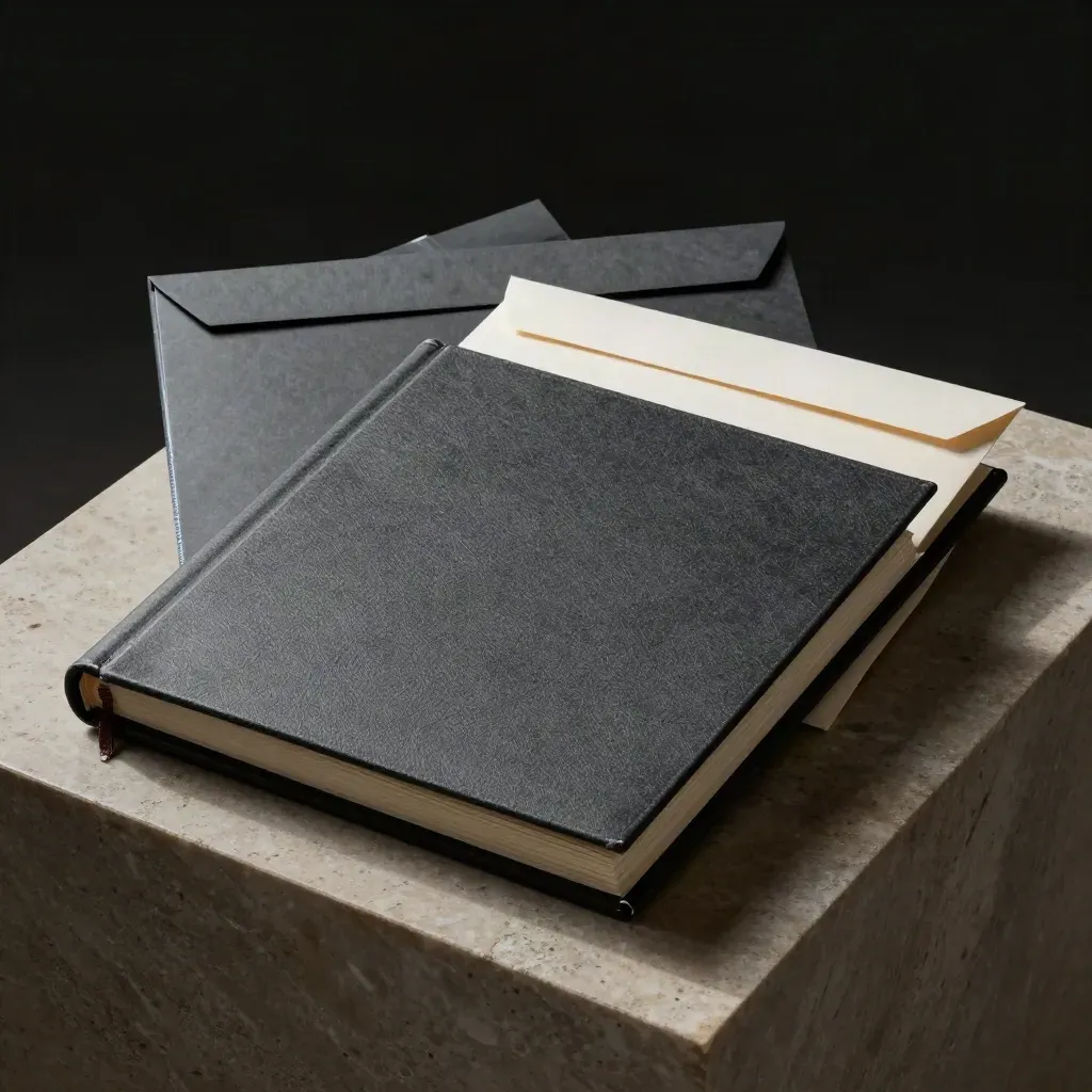 Charcoal risk register review pack on warm limestone with slate accents in moody studio light