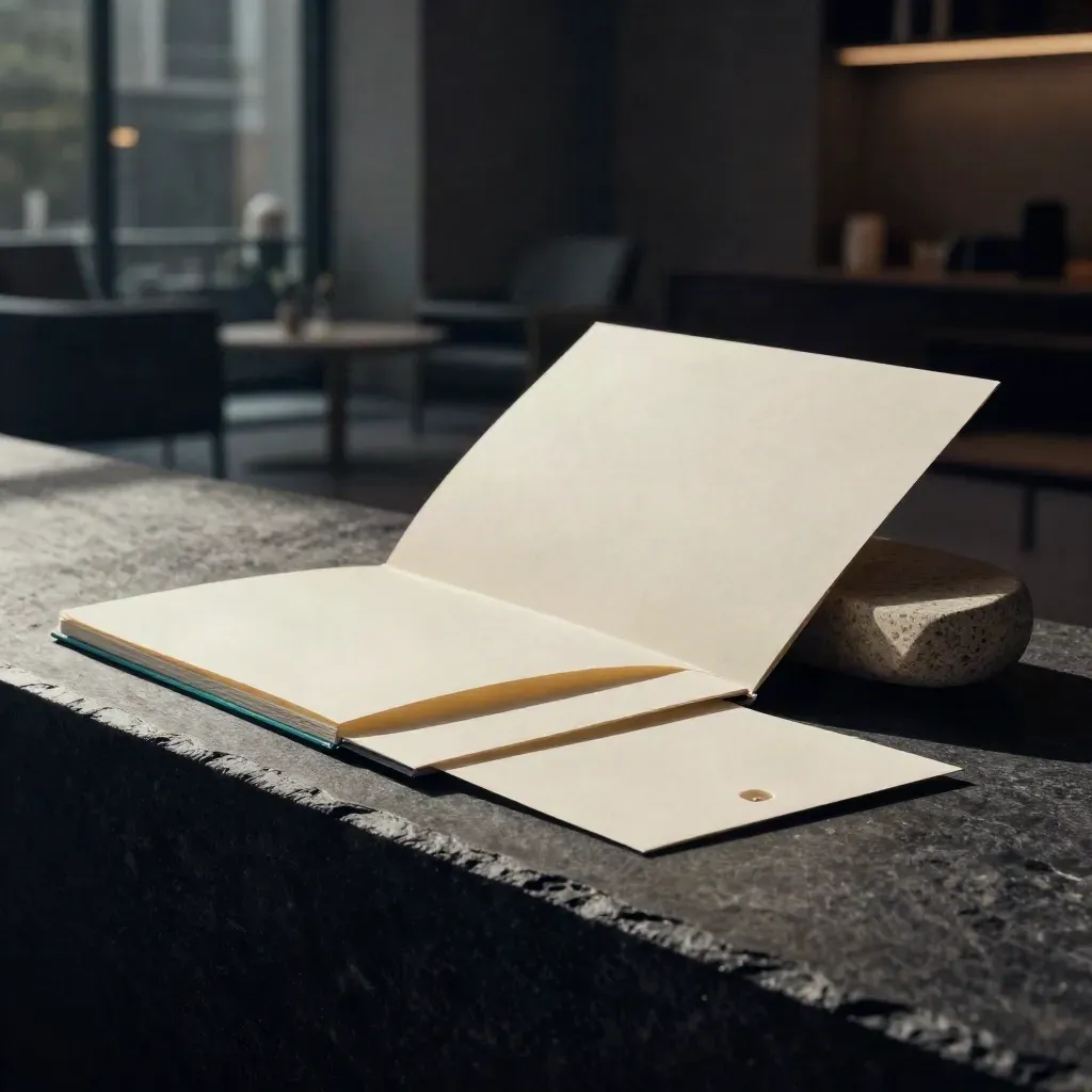 Cream folio with fanned inserts and a stone weight on a dark ledge, softly lit