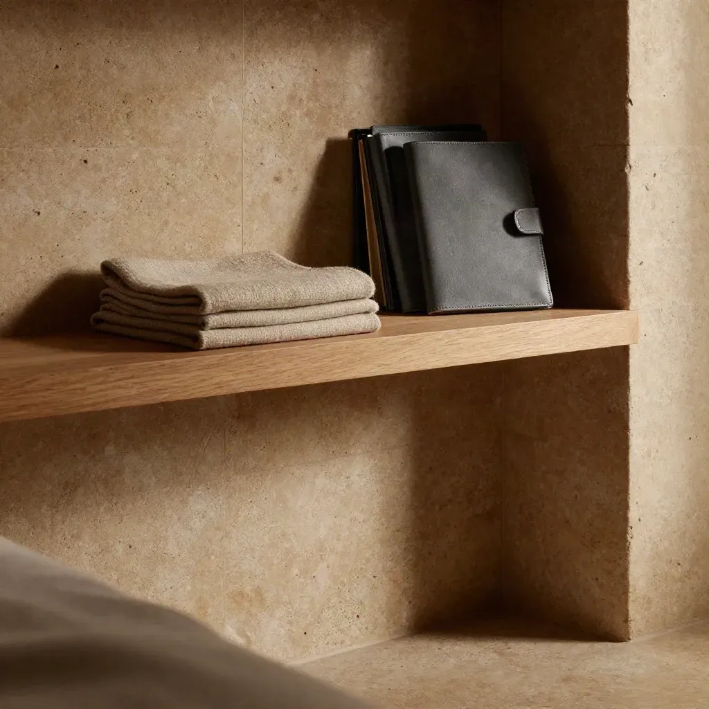 Warm limestone niche with oak ledge, wool throw, and blurred strategy packs in morning light