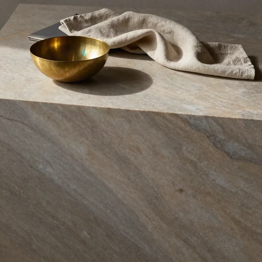 Marble slab with brass bowl and linen fold, lit from upper left, calm lower space.