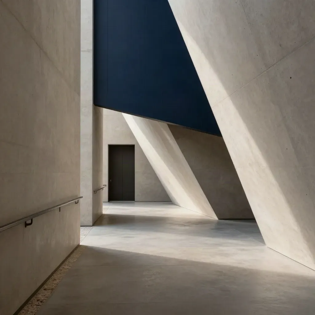 Brutalist concrete corridor with slanted light, haze, and a dark doorway