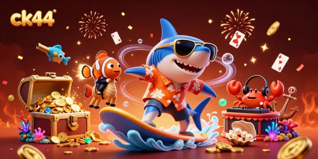 Experience thrilling casino action with ck44 as a shark surfs gold coins next to a tuxedo clownfish.