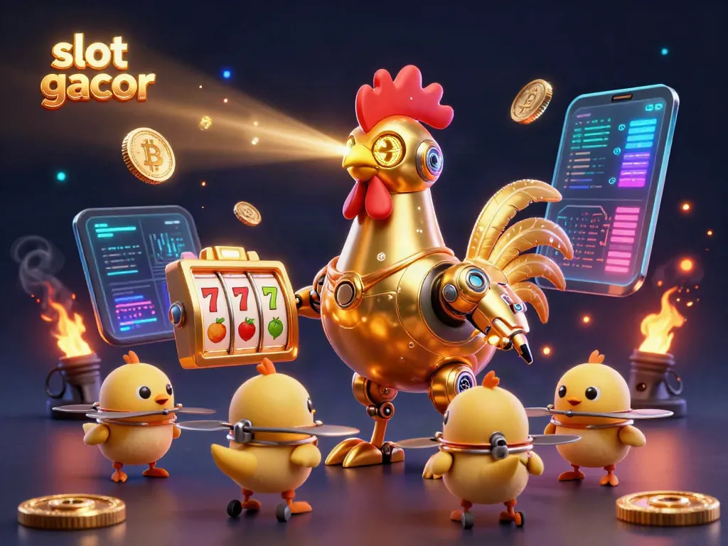 Engage with slot gacor in a vibrant, detailed scene featuring a golden robot and crypto coins.