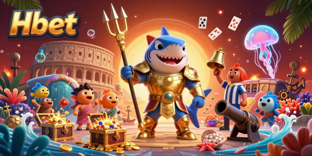 Experience the exhilarating Hbet underwater casino with a vibrant 3D scene of a gladiator tiger shark and treasure-filled coral reef.