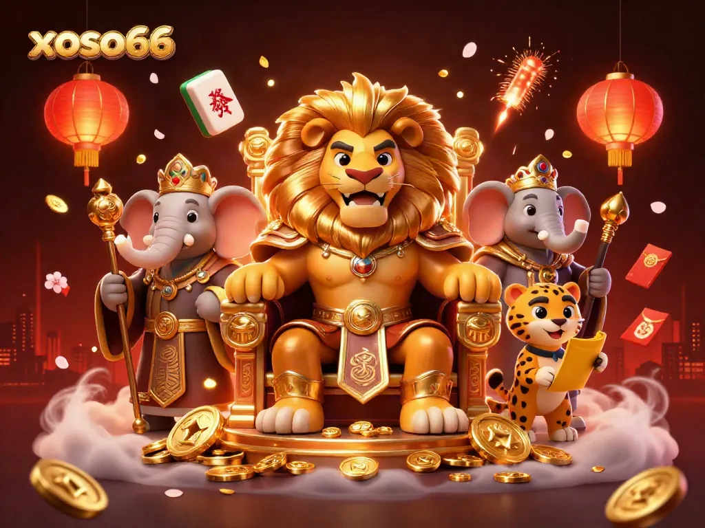 Engage in thrilling entertainment with xoso66, featuring a lion king and vibrant casino elements.