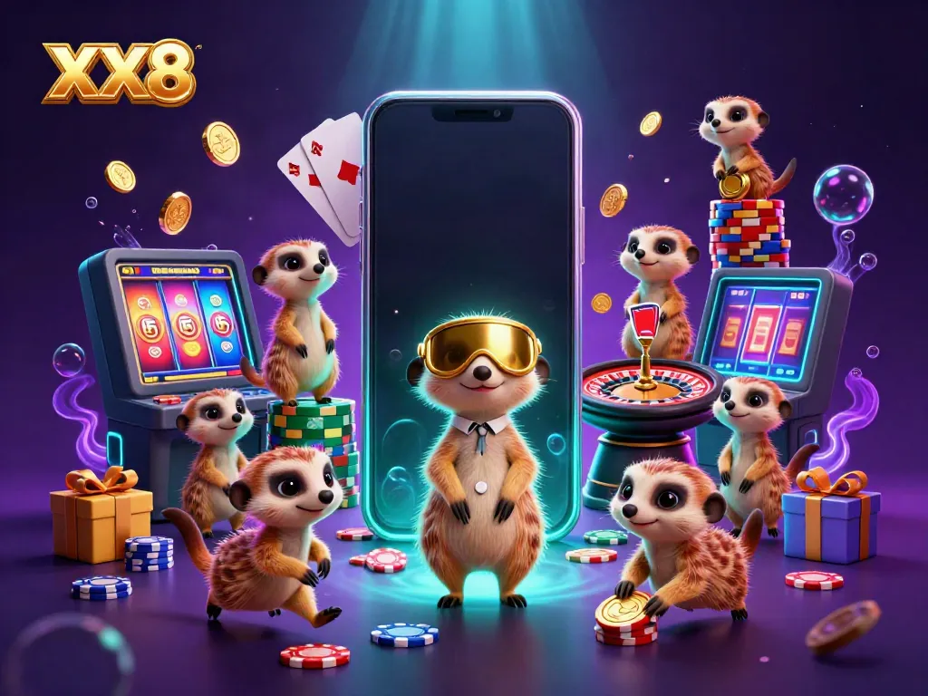 Experience the excitement of XX8 with lively meerkats managing a dynamic casino scene filled with gaming action.