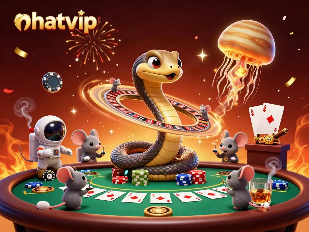 Nhatvip players engage in cosmic gambling with a Saturn ring snake and astronaut mice.