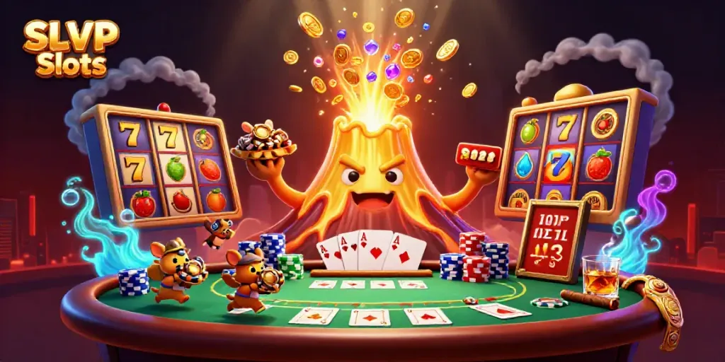 Experience thrilling SLVIP Slots gameplay with explosive wins from a golden volcano and animated treasure