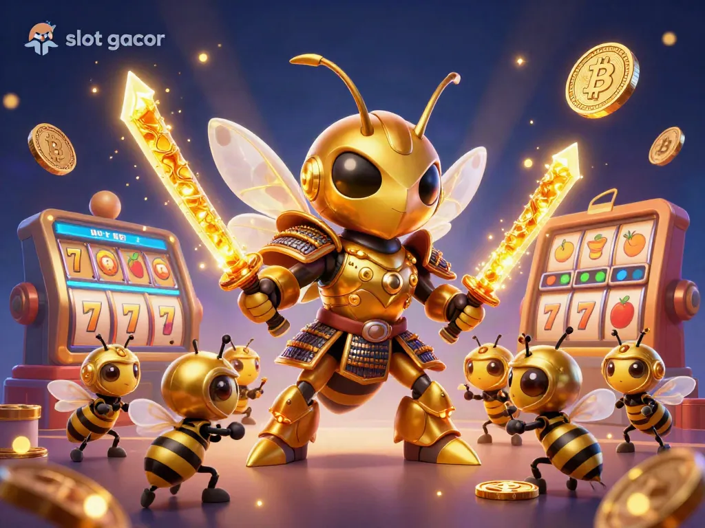 Experience the thrilling world of slot gacor with a dynamic 3D illustration showcasing a golden hornet in a casino setting.