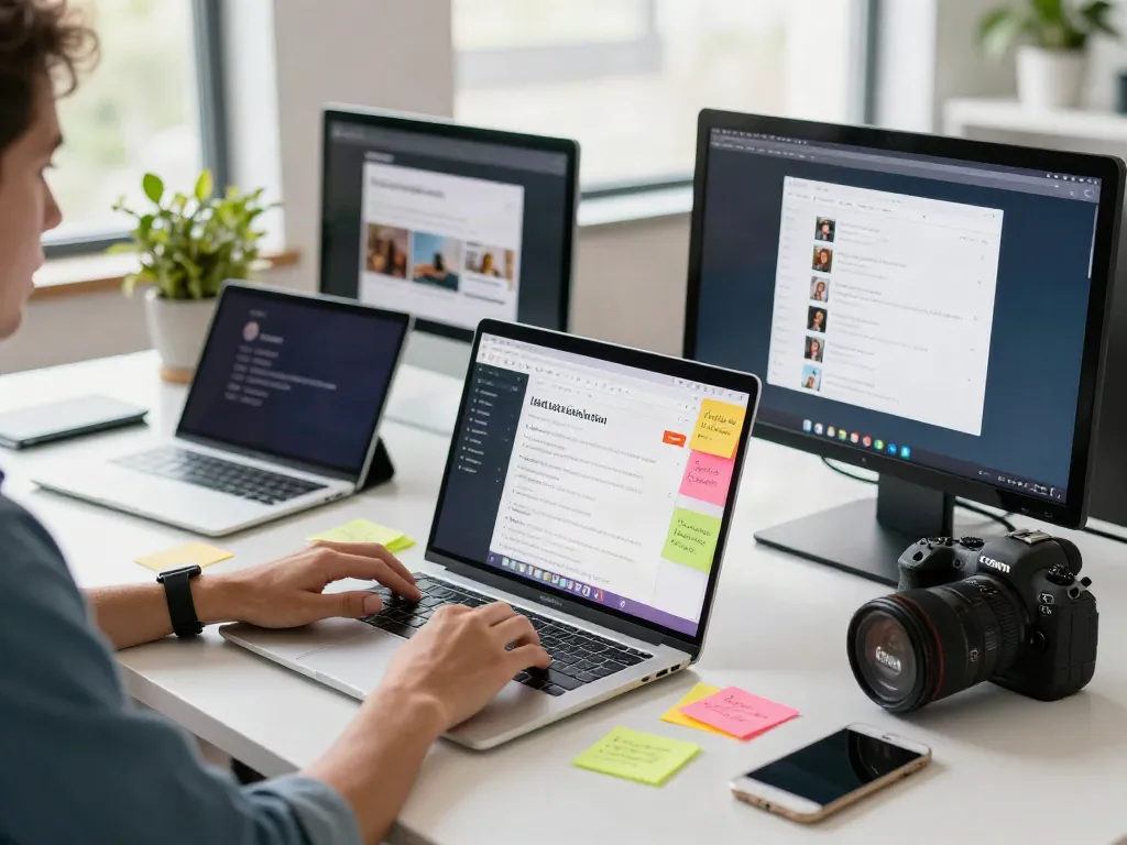 Engaging workspace scene for 링크모음 research, showcasing user browsing multiple digital devices for latest addresses.