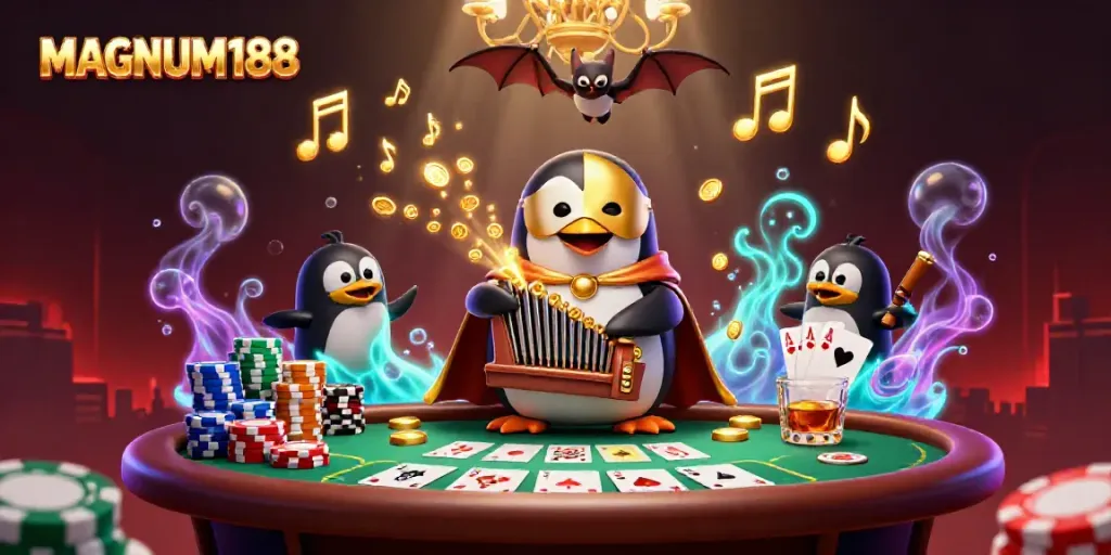Spin and win with MAGNUM188's vibrant casino scene featuring a penguin organist and dazzling elements.