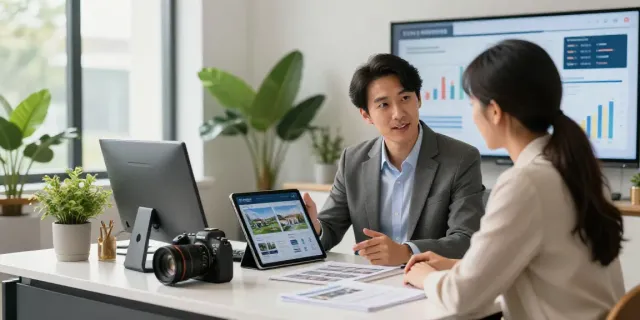 Real estate agent using an AI content writer for real estate businesses during a client meeting