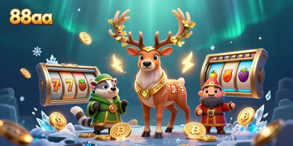 88aa illustrates a vibrant online casino scene with characters, slot reels, and glowing crypto coins.