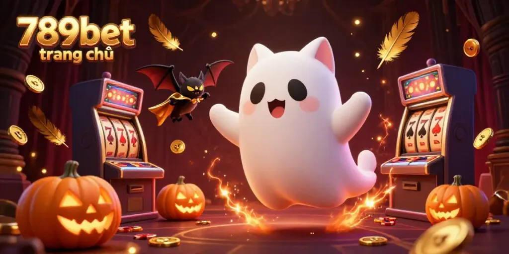 Experience the thrill of gambling at 789bet trang chủ with an enchanting casino scene featuring a ghost cat and glowing jack-o-lanterns.
