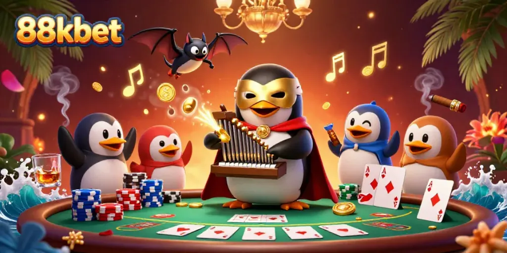 Experience the vibrant world of 88kbet with a lively casino scene featuring a phantom penguin and animated elements.